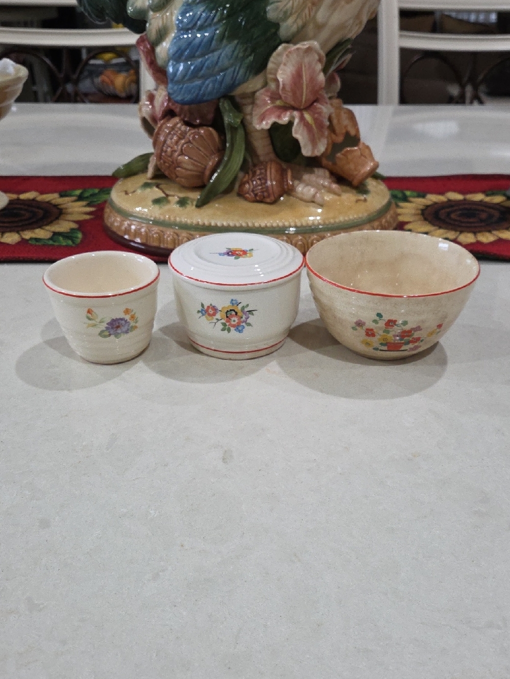 Vintage Floral Ceramic Trio - Ivory with Red Trim